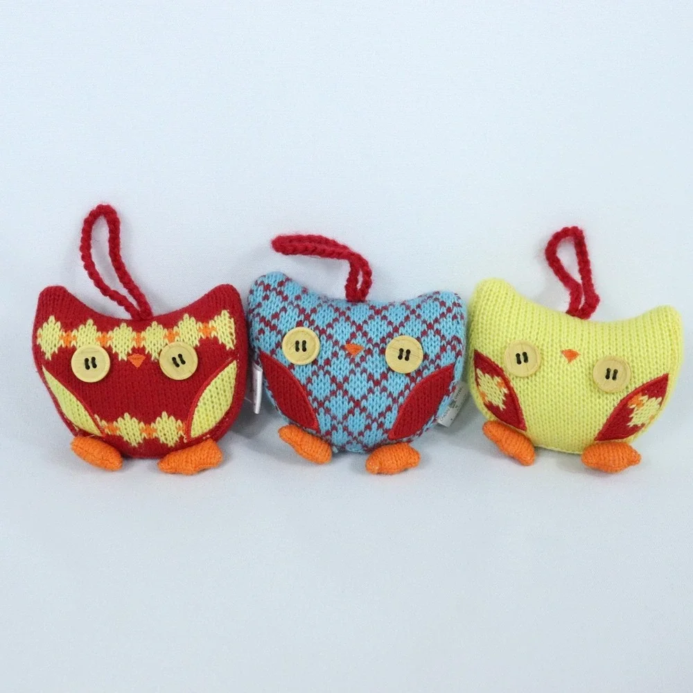 2008 Caribou Coffee Stuffed Knit Owl Christmas Ornaments Set of 3 by Mosquito
